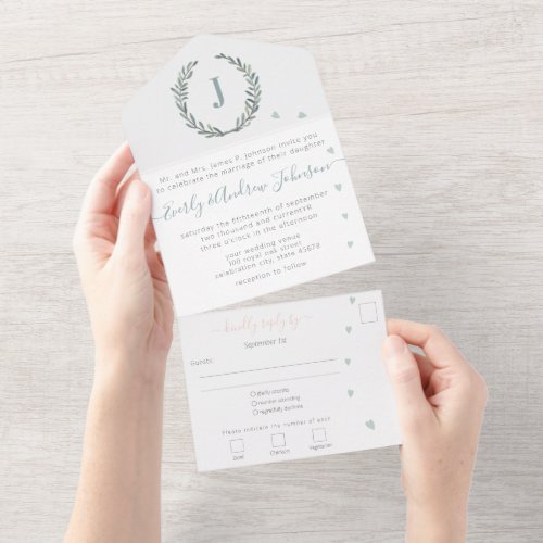 Photo on Back Sage Green Monogram and Wreath  All In One Invitation