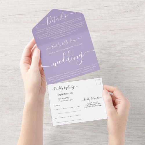 Photo on Back Simple Modern Lavender Wedding All In One Invitation