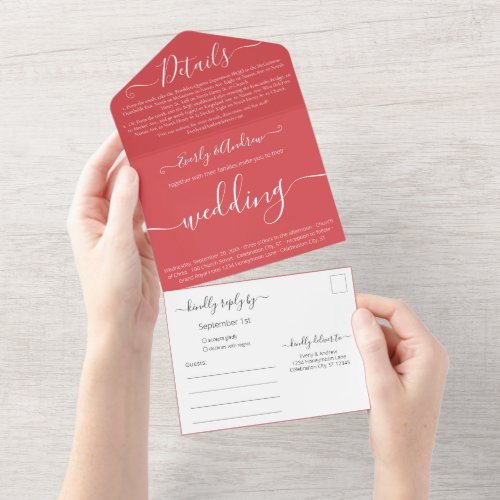 Photo on Back Simple Modern Luscious Red Wedding All In One Invitation