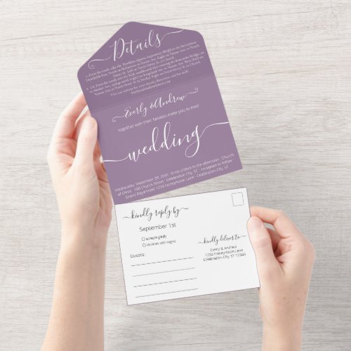 Photo on Back Simple Modern Purple Wedding  All In One Invitation