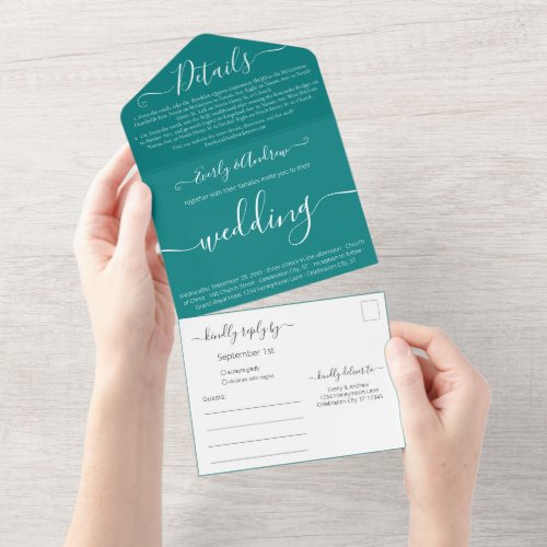Photo on Back Simple Modern Teal Green Wedding All In One Invitation