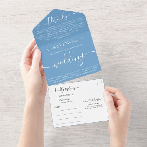 Photo on Back Simple Modern Tranquil Blue Wedding All In One Invitation