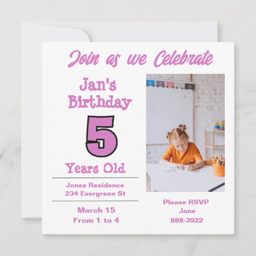 Photo on Five Year Old Girl Party Invitation