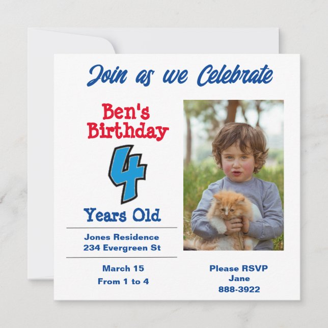 Photo on Four Year Old Boy Party Invitation (Front)