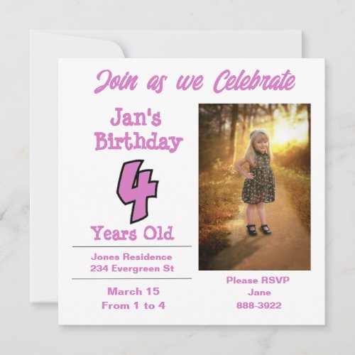 Photo on Four Year Old Girl Party Invitation