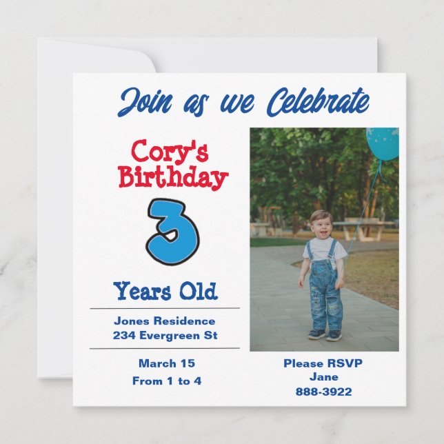 Photo on Three Year Old Boy Party Invitation (Front)