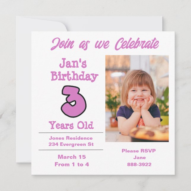 Photo on Three Year Old Girl Party Invitation (Front)