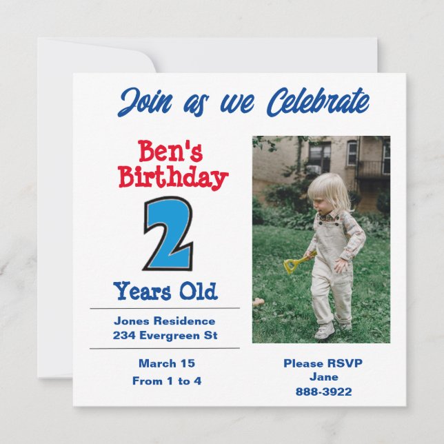 Photo on Two Year Old Boy Party Invitation (Front)