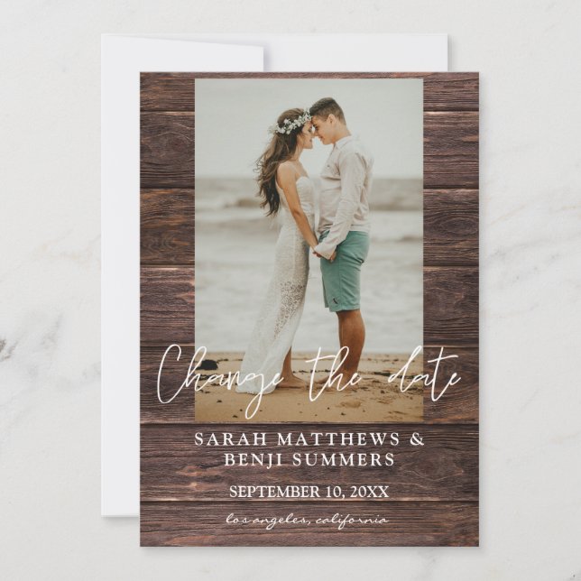 Photo on Wood Change the Date Invitation (Front)