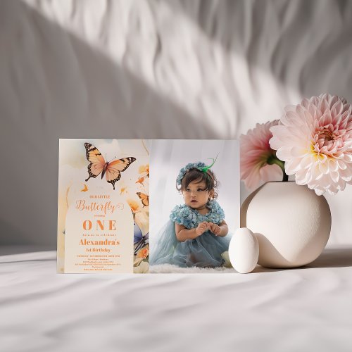 Photo One Little Butterfly Floral 1st Birthday Invitation