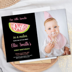 Photo One Pink Green Watermelon Birthday Invitation