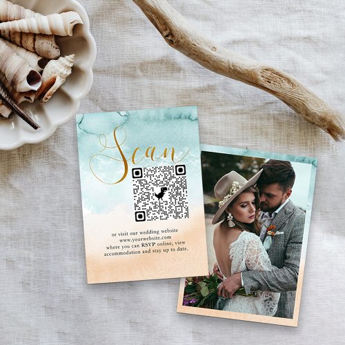 Photo Online RSVP QR Code Beach Wedding Enclosure Card