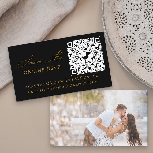 Photo Online RSVP QR Code Black Gold Wedding Enclosure Card
