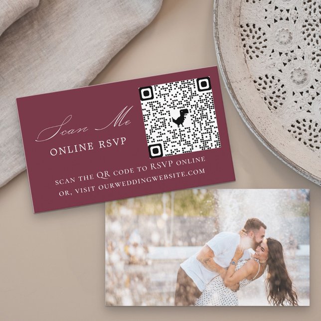 Photo Online RSVP QR Code Burgundy Wedding Enclosure Card (Creator Uploaded)