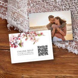 Photo Online RSVP QR Code Cherry Blossom Wedding Card