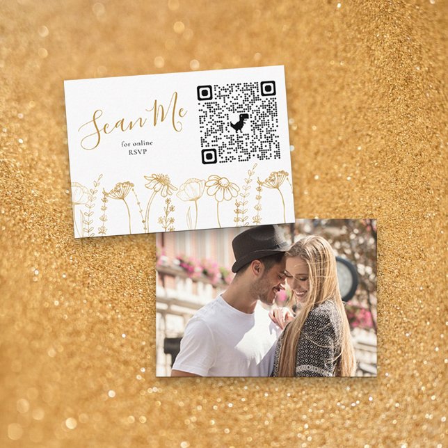 Photo Online RSVP QR Code Gold Wildflower Sketch Enclosure Card (QR Code RSVP Enclosure Card with Photo in White & Gold, from my Wildflower Sketch collection)