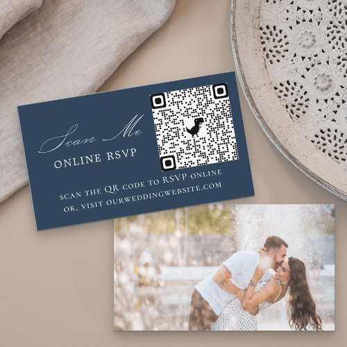 Photo Online RSVP QR Code Navy Blue Wedding Enclosure Card