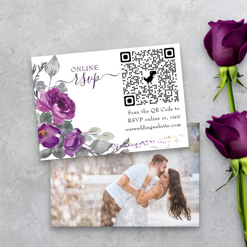 Photo Online RSVP QR Code Purple Wedding Floral Enclosure Card
