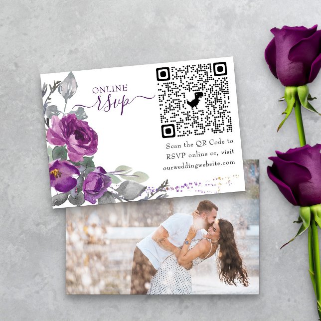 Photo Online RSVP QR Code Purple Wedding Floral Enclosure Card (Purple Floral QR Code Online RSVP Card from my Plush Purple Wedding Collection )