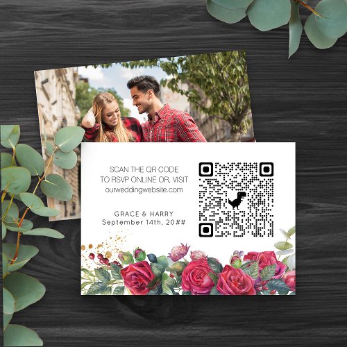 Photo Online RSVP QR Code Red Rose Wedding Website Enclosure Card