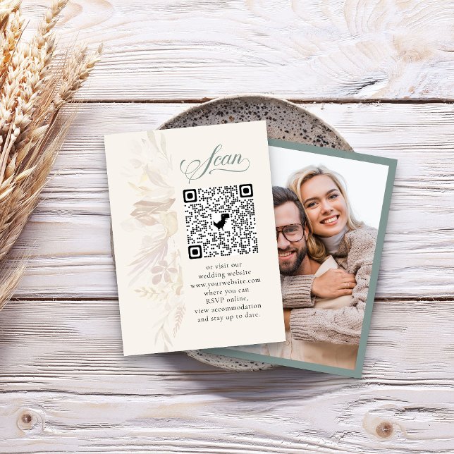 Photo Online RSVP QR Code Sage Green Botanical Enclosure Card (Photo RSVP card with sage green calligraphy and QR Code - Foliage Duet wedding collection)