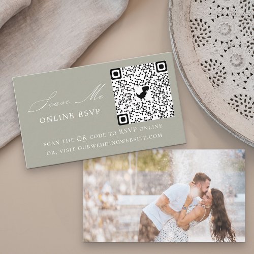 Photo Online RSVP QR Code Sage Green Wedding Enclosure Card