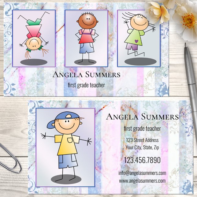 Photo or Drawing Teacher or After School Business Card (Teacher business card featuring your photos or illustrations on an artistic pastel floral design)