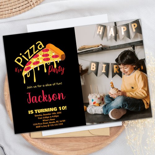 Photo Orange Black Red Pizza Birthday Invitations