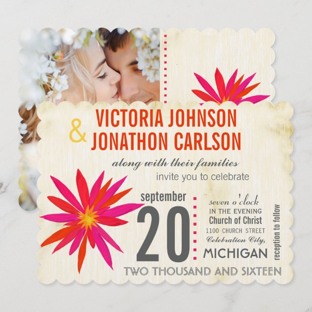 Photo Orange  Pink Modern Daisy Wedding Invite (Front/Back)