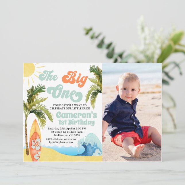 Photo Orange Teal Surf Wave Big One 1st Birthday Invitation (Standing Front)