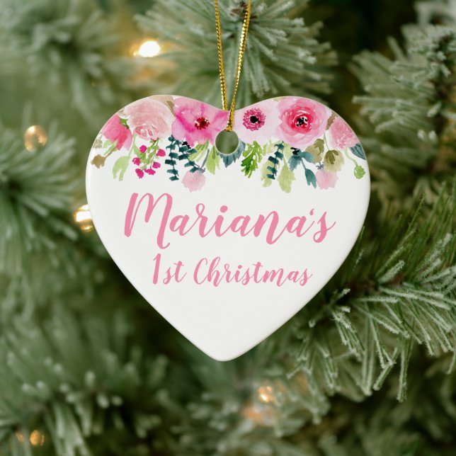 Photo Ornament Baby's 1st Christmas Pink Floral (Tree)