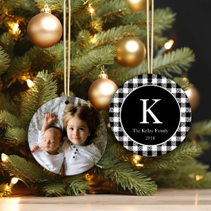Photo Ornament, Black Checkered Plaid Ceramic Ornament