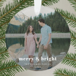 Photo Ornament | Merry and Bright Couple Christmas<br><div class="desc">Bring festive joy to your tree with this modern “Merry and Bright” photo ornament featuring your favorite couple picture. Designed with a cheerful holiday message and clean layout, this ornament adds a warm and personal touch to your Christmas décor. Easily customize it in Zazzle’s design tool by uploading your photo...</div>