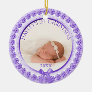 Photo Ornament Purple Baby Girl First Christmas
