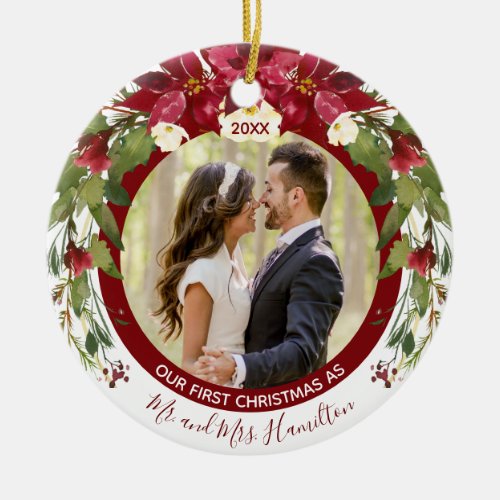 Photo Our 1st Christmas Mr Mrs Poinsettia Floral Ceramic Ornament