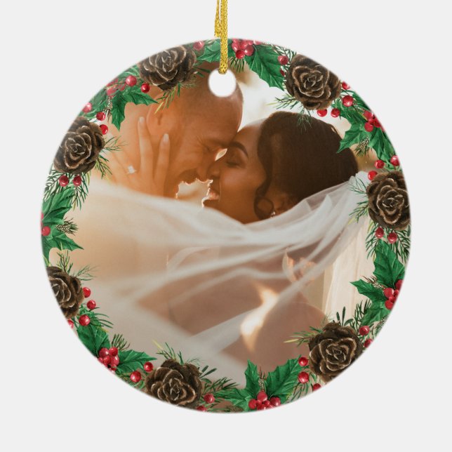 Photo Our First Christmas as Mr & Mrs Newlyweds Ceramic Ornament (Back)