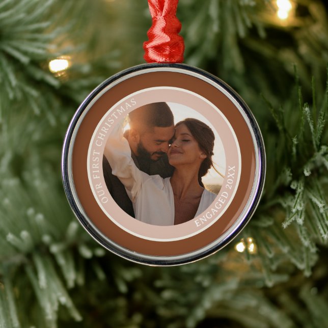 Photo Our First Christmas Engaged Brown Blush  Metal Ornament (Tree)