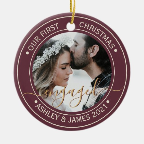 Photo Our First Christmas Engaged Burgundy Ceramic Ornament