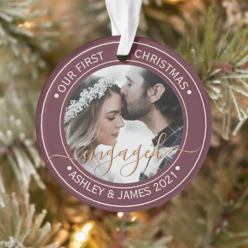 Photo Our First Christmas Engaged Burgundy Ornament