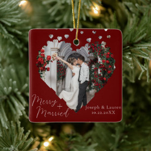 Photo Our First Christmas Merry + Married Ceramic Ornament