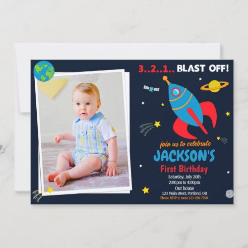 Photo Outer space Rocket birthday invitation boy