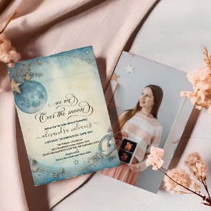 Photo Over the Moon Navy Blue Baby Boy Shower Invitation