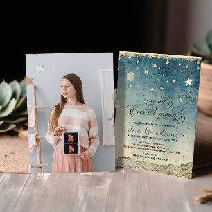 Photo Over the Moon Stars Blue Baby Shower Invitation