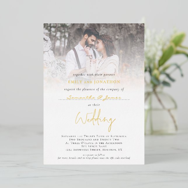 Photo Overlay Add Guest Name QR Code Wedding Real Foil Invitation (Standing Front)