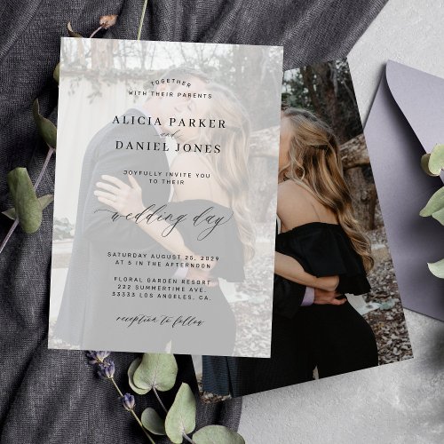 Photo overlay black and white modern wedding invitation