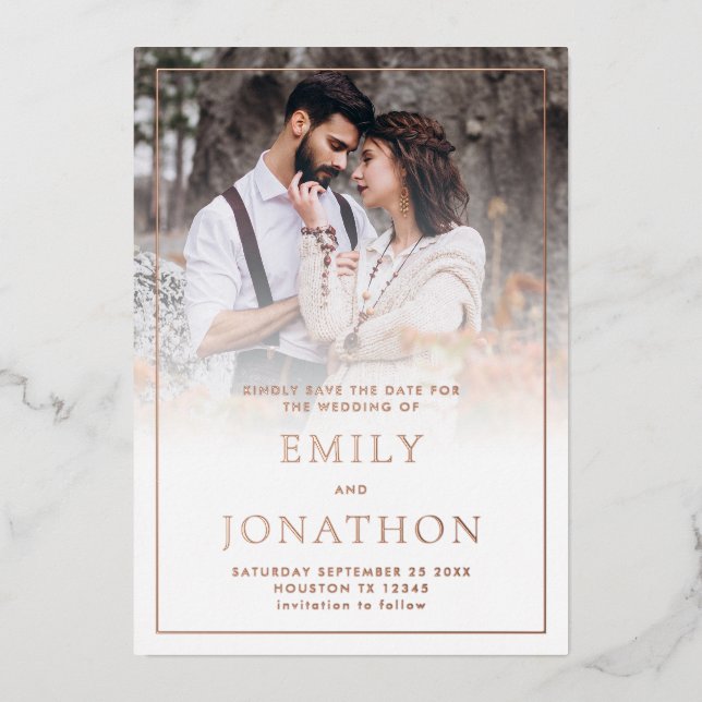 Photo Overlay Border Foil Text Save The Date Card (Front)