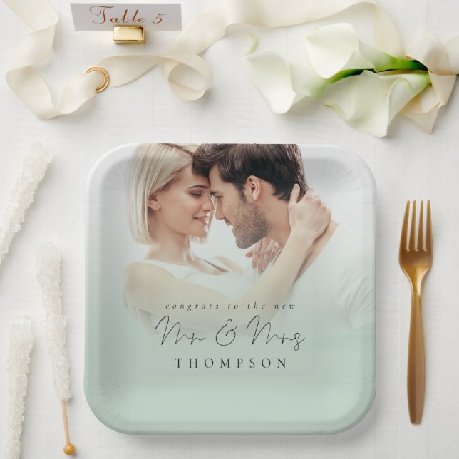 Photo Overlay Congrats New Mr Mrs Sage  Paper Plates (Wedding)