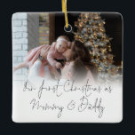 Photo Overlay First Christmas Mommy Daddy Ceramic Ornament<br><div class="desc">Photo Overlay First Christmas Mommy Daddy Names Year. To celebrate your 1st holiday season as parents and keepsake for years to come, easily personalize your names and year on the back. With an elegant set script for Our First Christmas as Mommy & Daddy along with your photo on the front....</div>