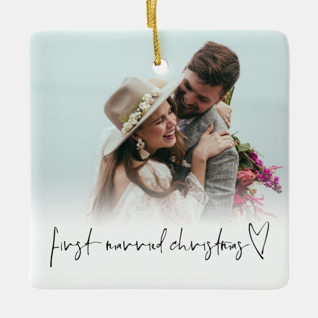 Photo Overlay First Married Christmas Names Year  Ceramic Ornament (Front)