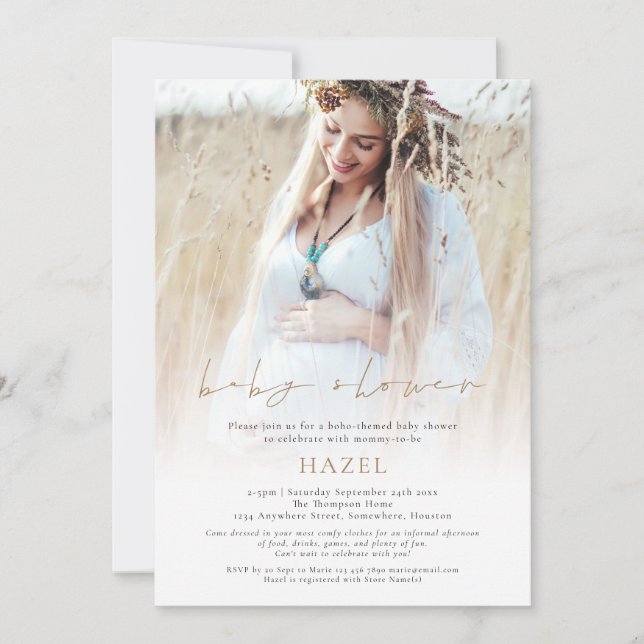 Photo Overlay Gold Script Bohemian Baby Shower Invitation (Front)